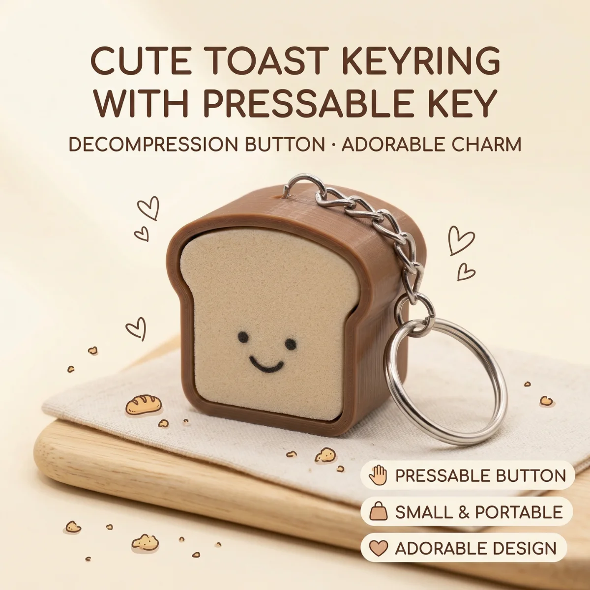 1PC 3.5cm Cute Pressable Stress Relief Keychain Soft Silicone Bread Keychain Set, Kawaii Toast Bread Shape Smiling Face Beige &