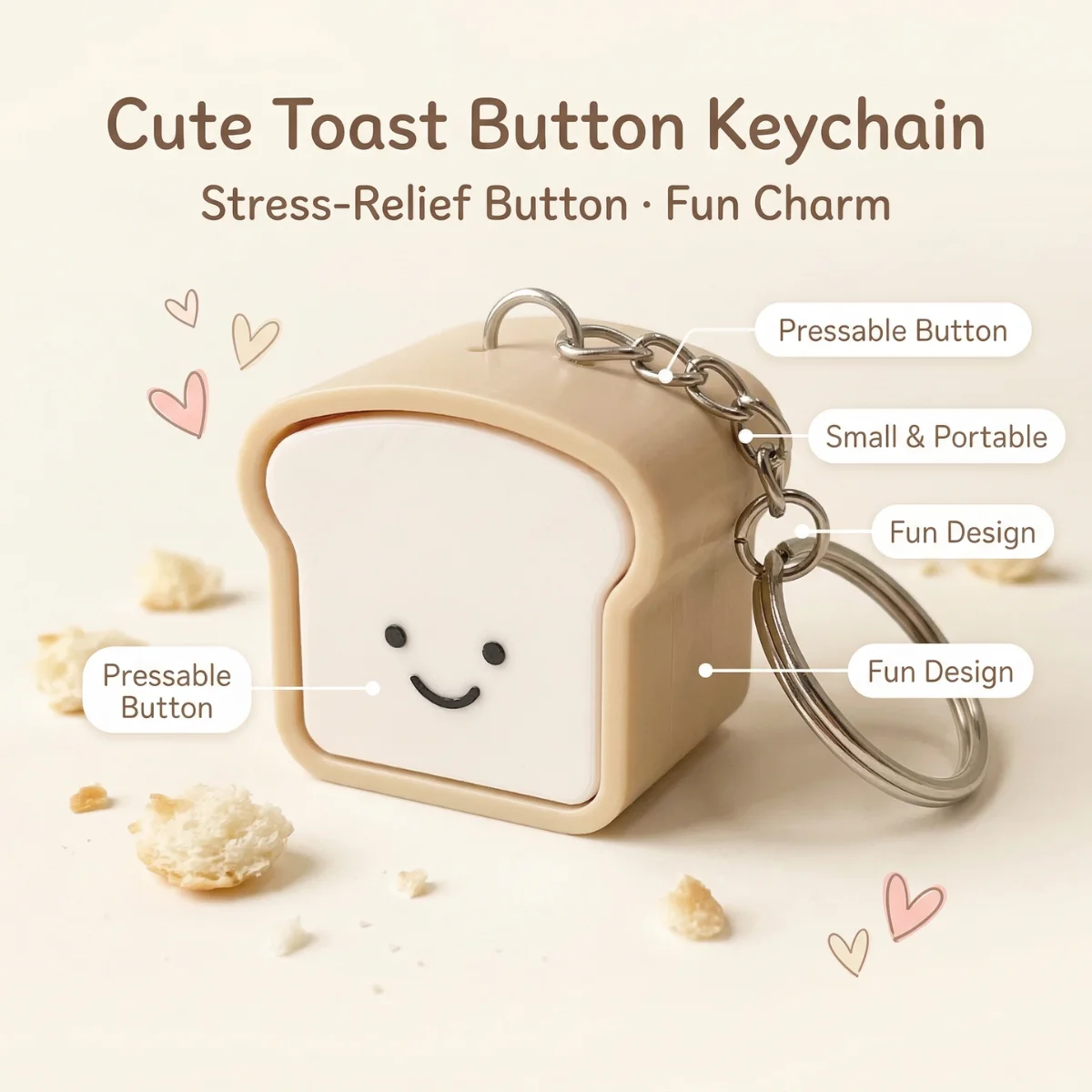 1PC 3.5cm Cute Pressable Stress Relief Keychain Soft Silicone Bread Keychain Set, Kawaii Toast Bread Shape Smiling Face Beige &