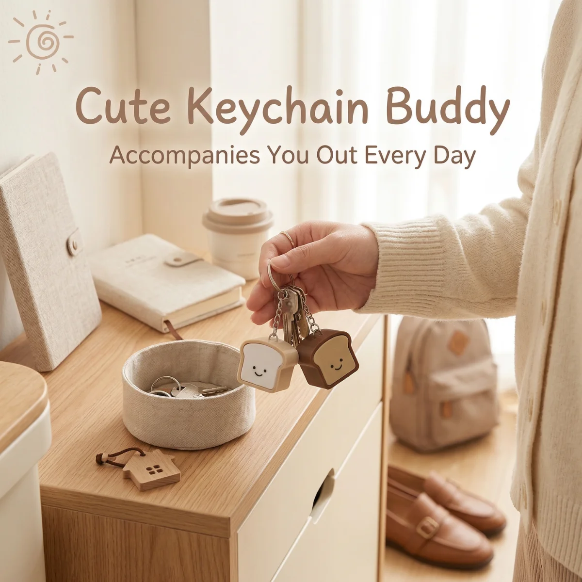 1PC 3.5cm Cute Pressable Stress Relief Keychain Soft Silicone Bread Keychain Set, Kawaii Toast Bread Shape Smiling Face Beige &