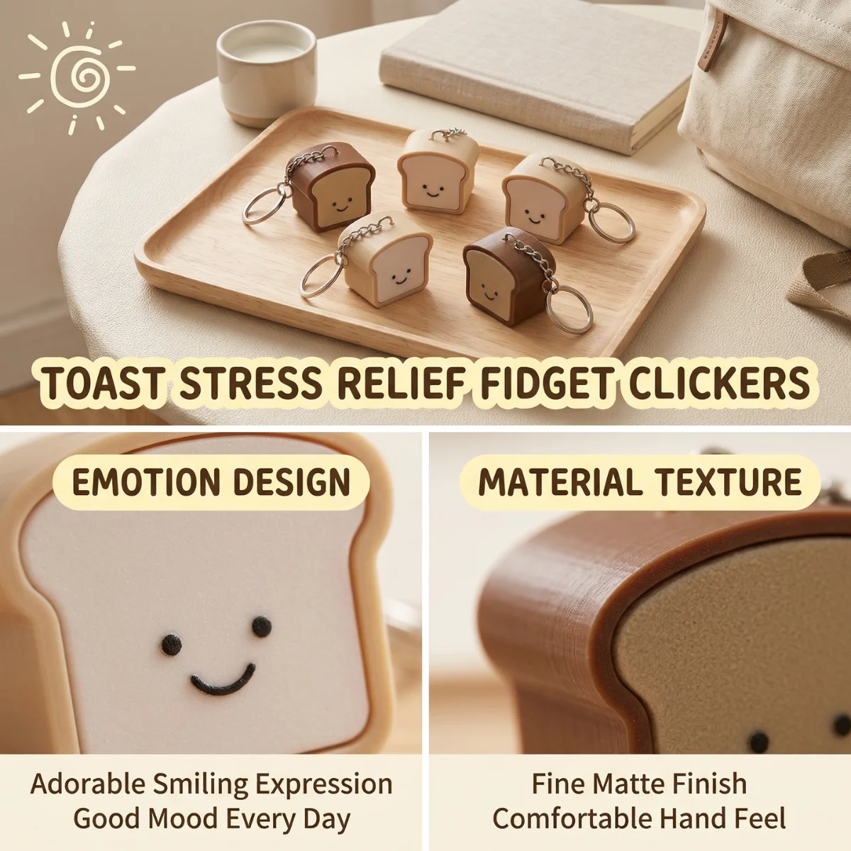 1PC 3.5cm Cute Pressable Stress Relief Keychain Soft Silicone Bread Keychain Set, Kawaii Toast Bread Shape Smiling Face Beige &