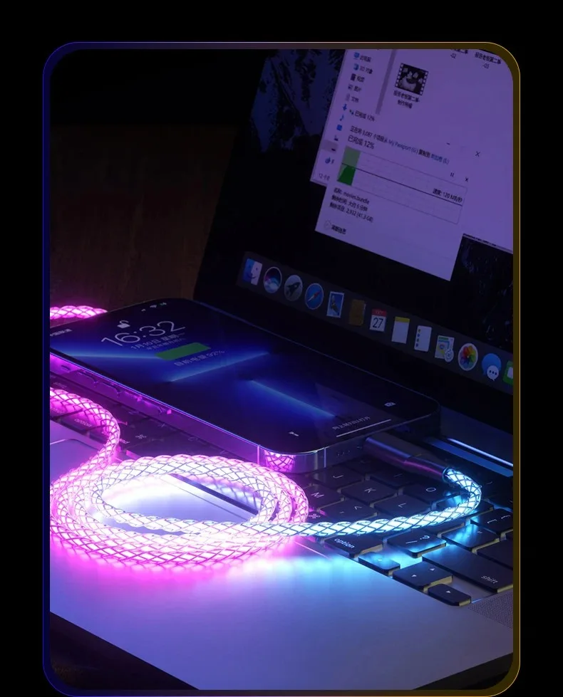 RGB Super Fast Charging Date Cable 66W 6A Glowing Phones USB C Line For iPhone16 15 Xiaomi Samsung POCO PD Data Cord USB-A To C