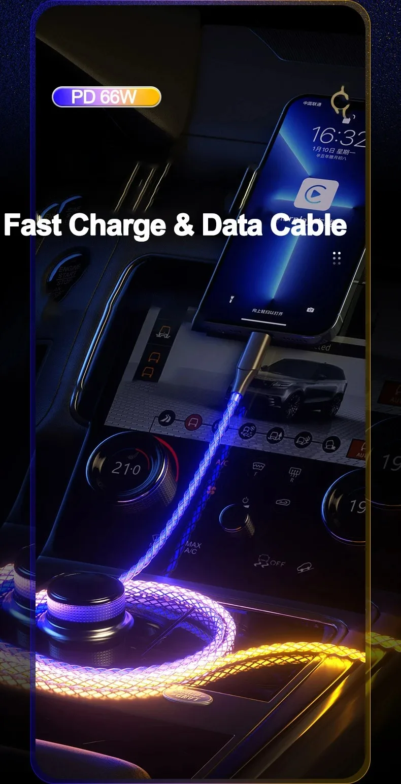 RGB Super Fast Charging Date Cable 66W 6A Glowing Phones USB C Line For iPhone16 15 Xiaomi Samsung POCO PD Data Cord USB-A To C
