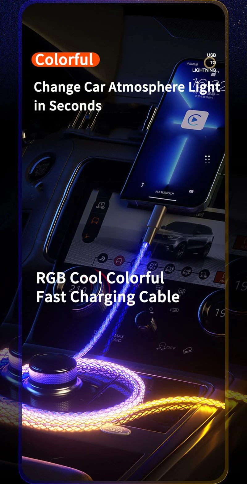 RGB Super Fast Charging Date Cable 66W 6A Glowing Phones USB C Line For iPhone16 15 Xiaomi Samsung POCO PD Data Cord USB-A To C