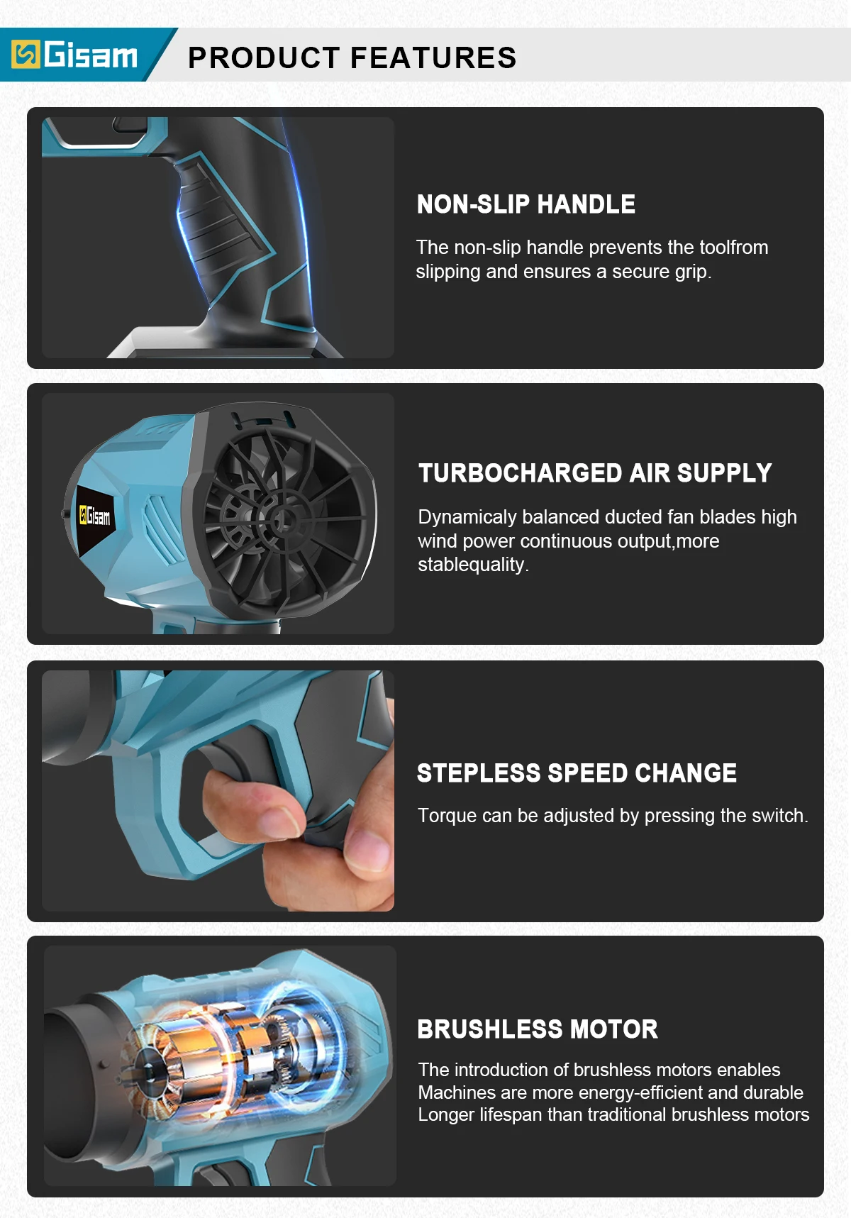 Gisam Brushless Electric Turbo Fan Cordless Leaf Air Blower Turbo Jet Fan Handheld Dust Blowing Tool For Makita 18V Battery Pin