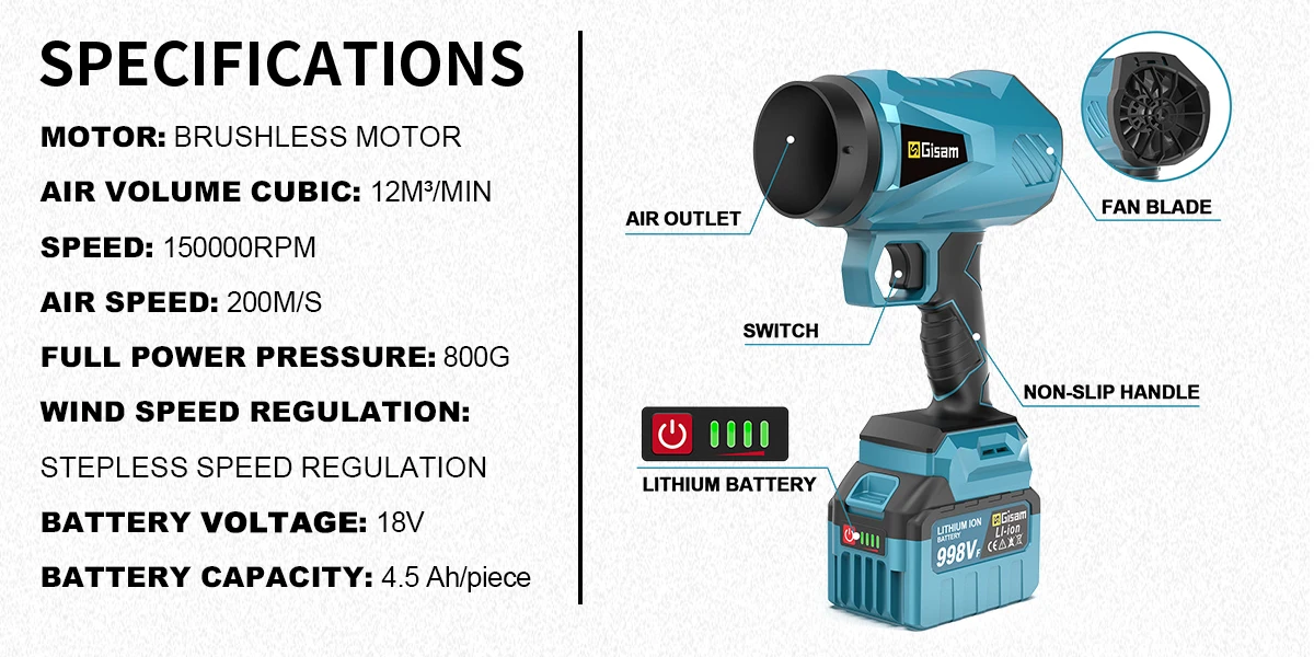 Gisam Brushless Electric Turbo Fan Cordless Leaf Air Blower Turbo Jet Fan Handheld Dust Blowing Tool For Makita 18V Battery Pin