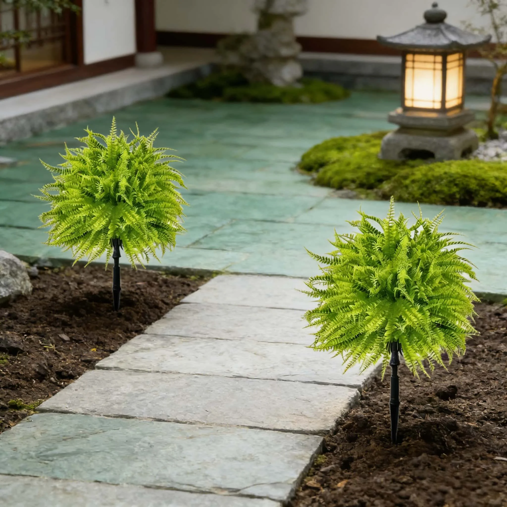 2pc UV Resistant No Fade Artificial Persian Fern Grass Ground Stake Fake Green Plant for Garden Patio Yard Outdoor Hotel Decor