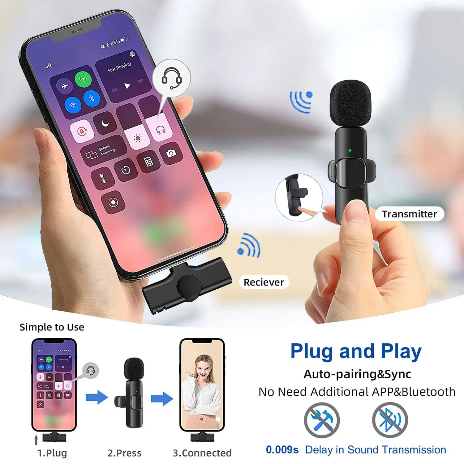 Wireless Lavalier Microphone for iPhone Android USB-C Microphone with Noise Reduction for Live Streaming Interviews Mini Mic