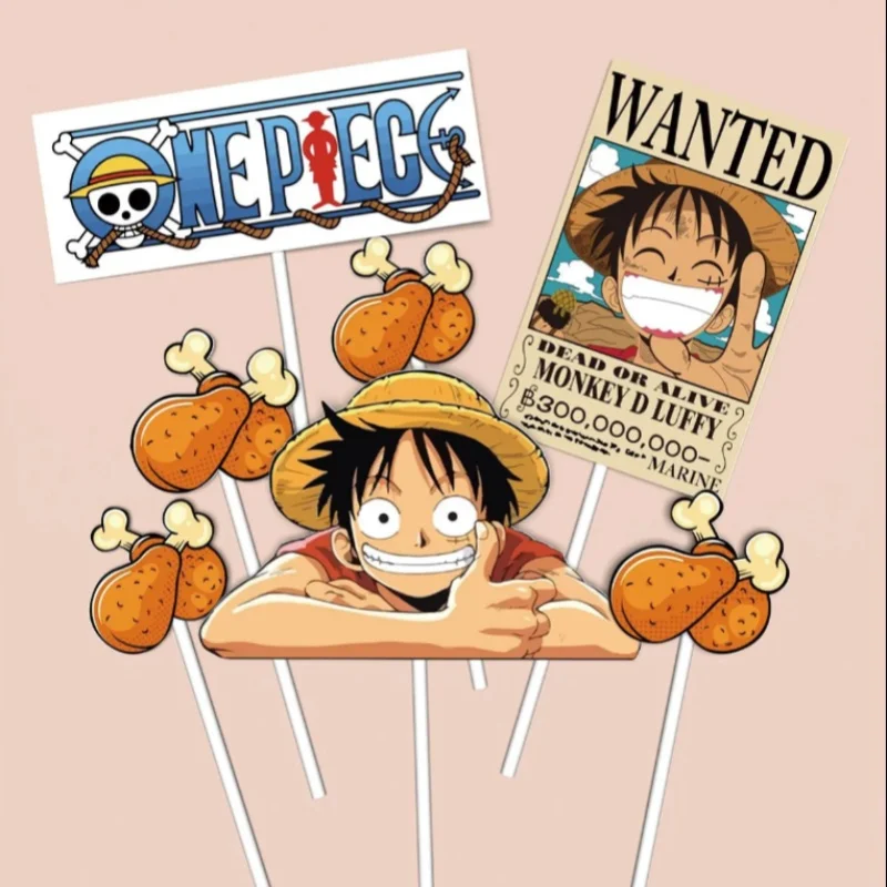 7pcs ONE PIECE Luffy Cake Topper Anime Boy Girl Birthday Cake Decorating Cake Flag Party Supplies for Kids Birthday Baby Shower