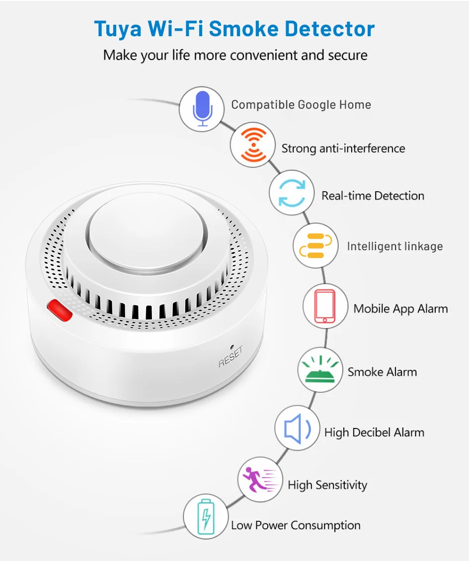6Pack Tuya WiFi Smart Smoke Sensor Smartlife APP Control Smoke Alarm 85dB On Site Alarm Supports Alexa & Google Assistant