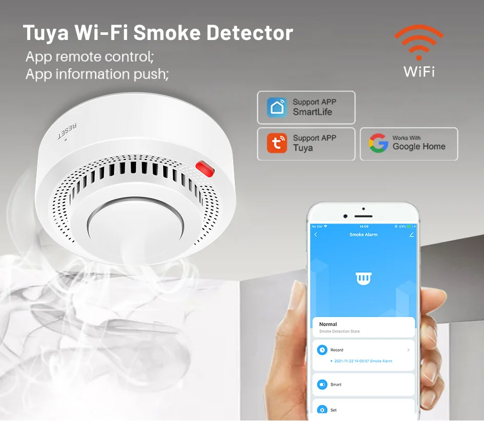 6Pack Tuya WiFi Smart Smoke Sensor Smartlife APP Control Smoke Alarm 85dB On Site Alarm Supports Alexa & Google Assistant