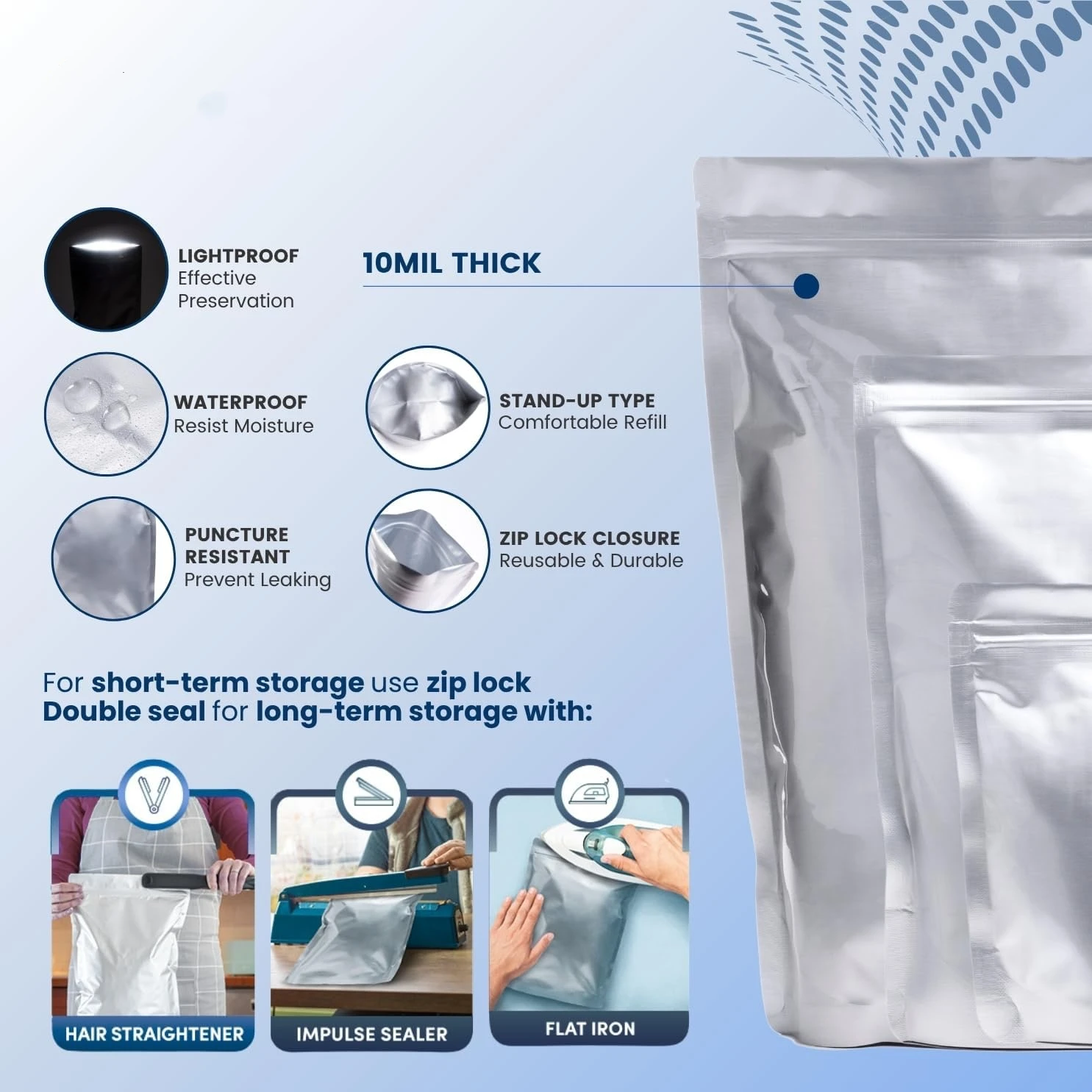 10Pcs 1-Quart 1-Gallon 5-Gallon Mylar Bags Aluminum Foil Stand-Up Reusable Airtight Smell Proof Resealable Storage Large Pouches