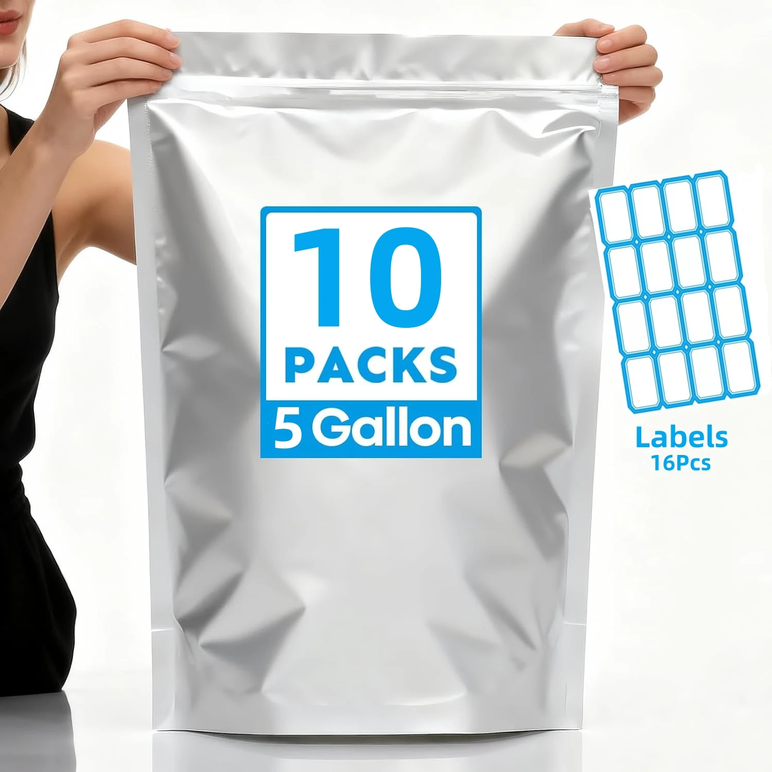 10Pcs 1-Quart 1-Gallon 5-Gallon Mylar Bags Aluminum Foil Stand-Up Reusable Airtight Smell Proof Resealable Storage Large Pouches