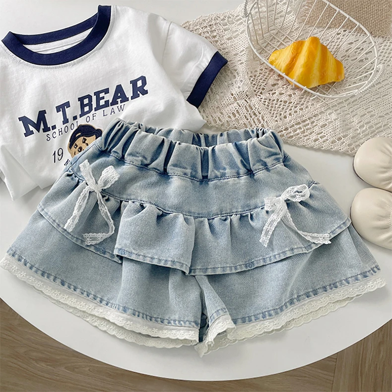 Girls' Denim Lace-Trimmed Multi-Layered Tiered Skirt