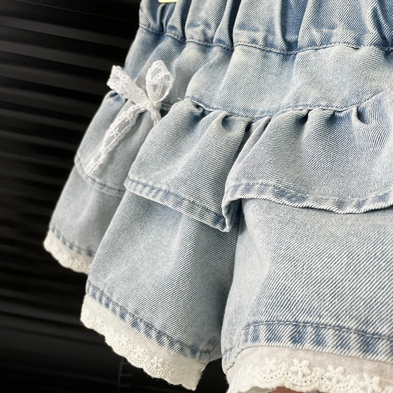 Girls' Denim Lace-Trimmed Multi-Layered Tiered Skirt
