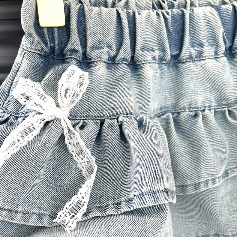 Girls' Denim Lace-Trimmed Multi-Layered Tiered Skirt