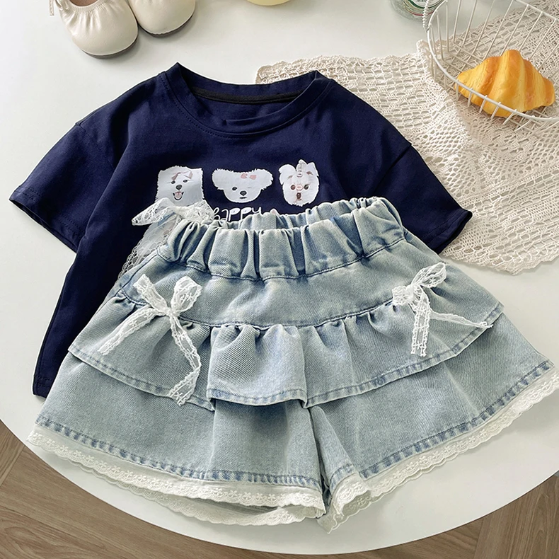 Girls' Denim Lace-Trimmed Multi-Layered Tiered Skirt