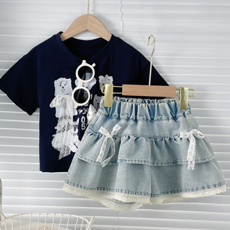 Girls' Denim Lace-Trimmed Multi-Layered Tiered Skirt