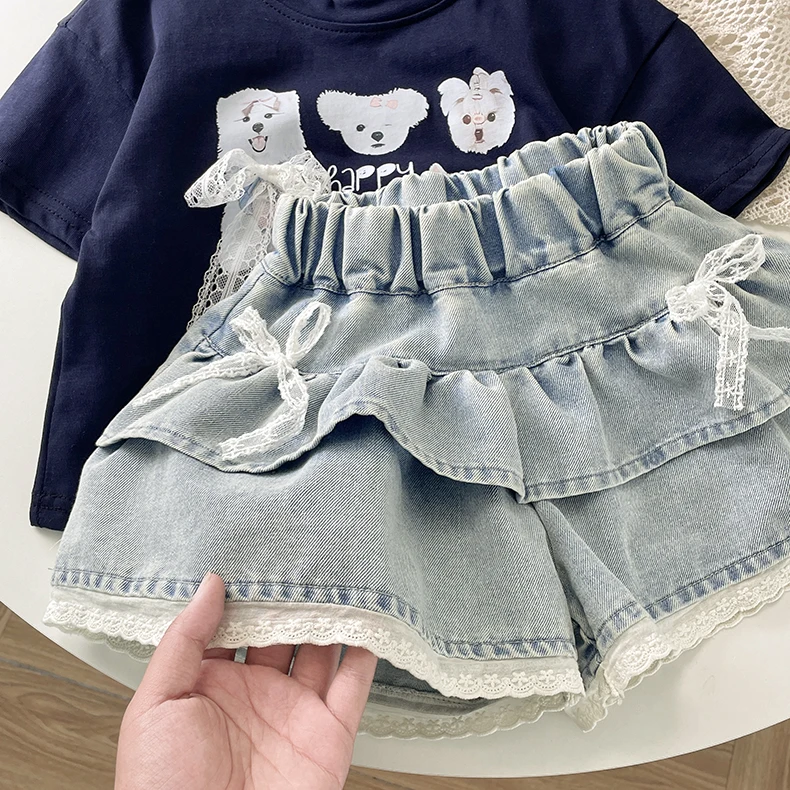 Girls' Denim Lace-Trimmed Multi-Layered Tiered Skirt
