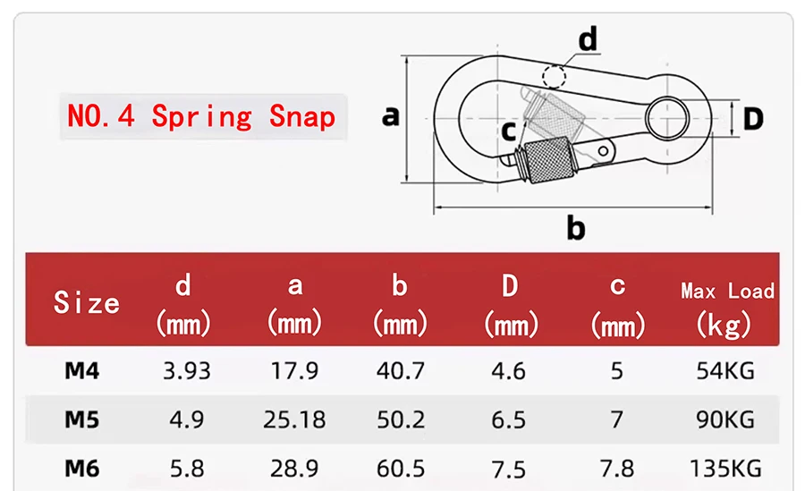 6Pcs Stainless Steel Carabiner Clip Spring Snap Hook M4 M5 M6 Multifunctional Heavy Duty Quick Link Lock Ring for Camping Hiking