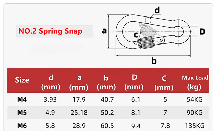 6Pcs Stainless Steel Carabiner Clip Spring Snap Hook M4 M5 M6 Multifunctional Heavy Duty Quick Link Lock Ring for Camping Hiking