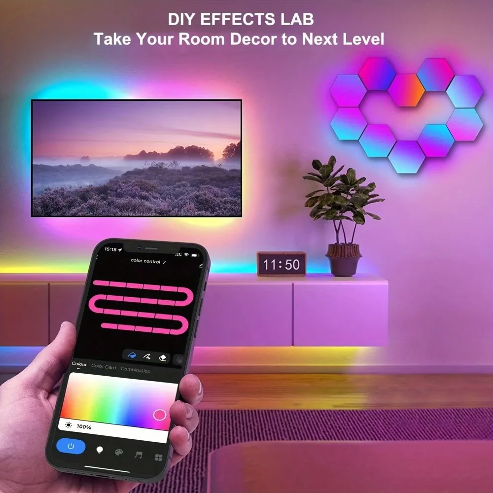 RGB LED Hexagon Wall Lamp Smart Night Light DIY Shape Music Rhythm APP Control Colorful Lights For Bedroom Game Room Decoration