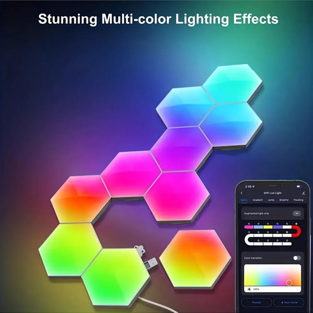 RGB LED Hexagon Wall Lamp Smart Night Light DIY Shape Music Rhythm APP Control Colorful Lights For Bedroom Game Room Decoration
