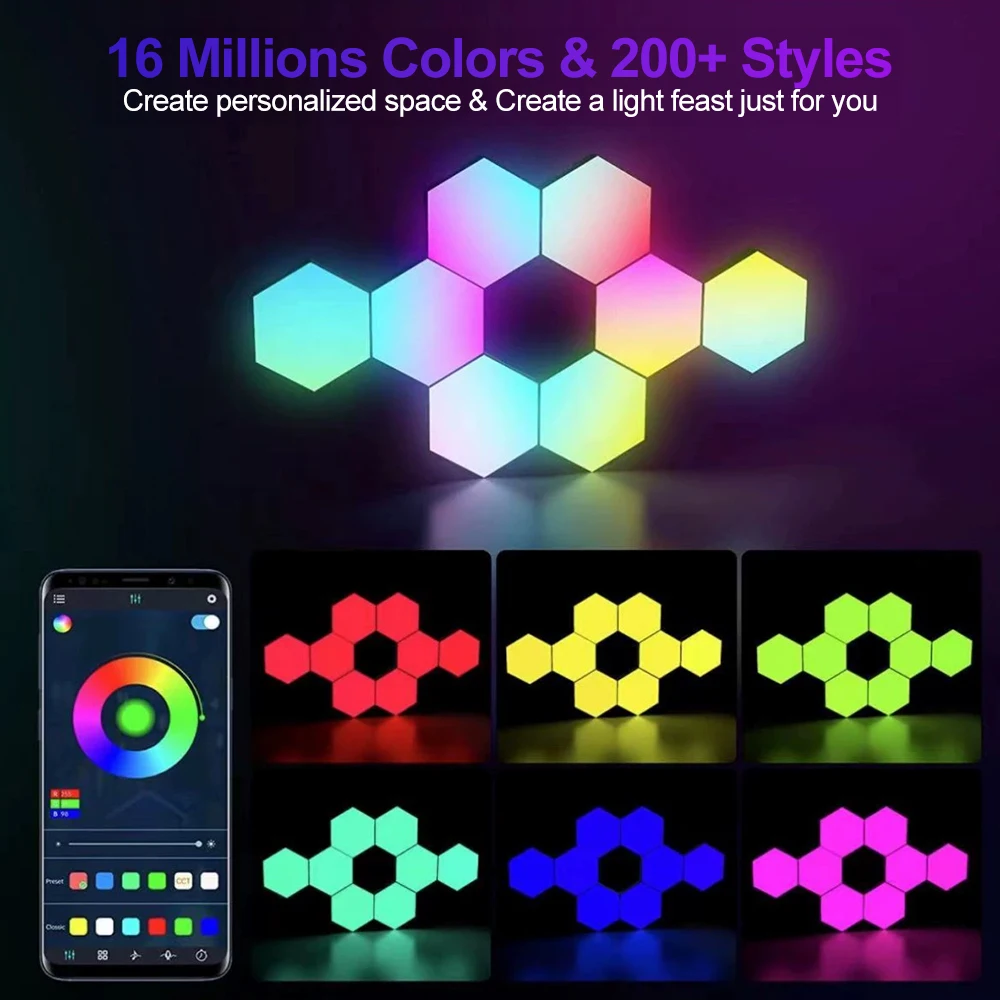 RGB LED Hexagon Wall Lamp Smart Night Light DIY Shape Music Rhythm APP Control Colorful Lights For Bedroom Game Room Decoration