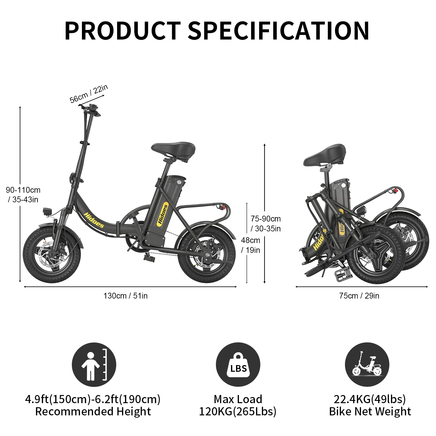 Hidoes C5 Electric Bike 250W Motor 36V 10.4AH Adult Foldable E Bike 14-inch 18-28km 25 km/h Electric Bicycle Cheap