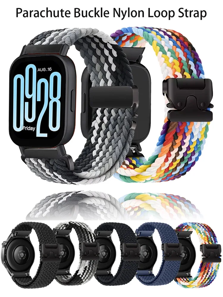 22mm 20mm Braided Nylon Loop Strap for Redmi Watch 5 Active/Lite Parachute Buckle Comfortable Band for Amazfit Active 3-2 Bip 6-