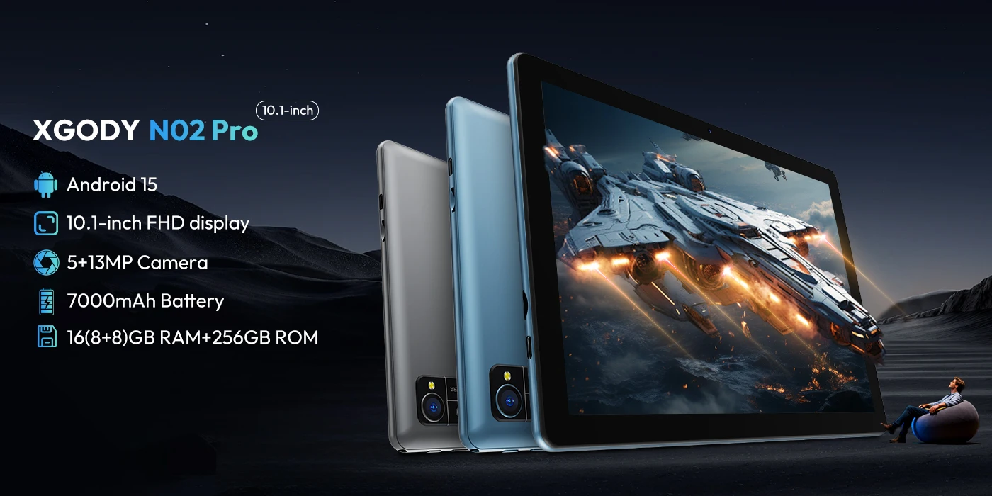 XGODY N02 Pro 10.1 Inch Tablet Android 15 800x1200 Cortex 8 Core CPU Max 16GB RAM 256GB ROM 5G WiFi Type C 7000mAh Widevine L1