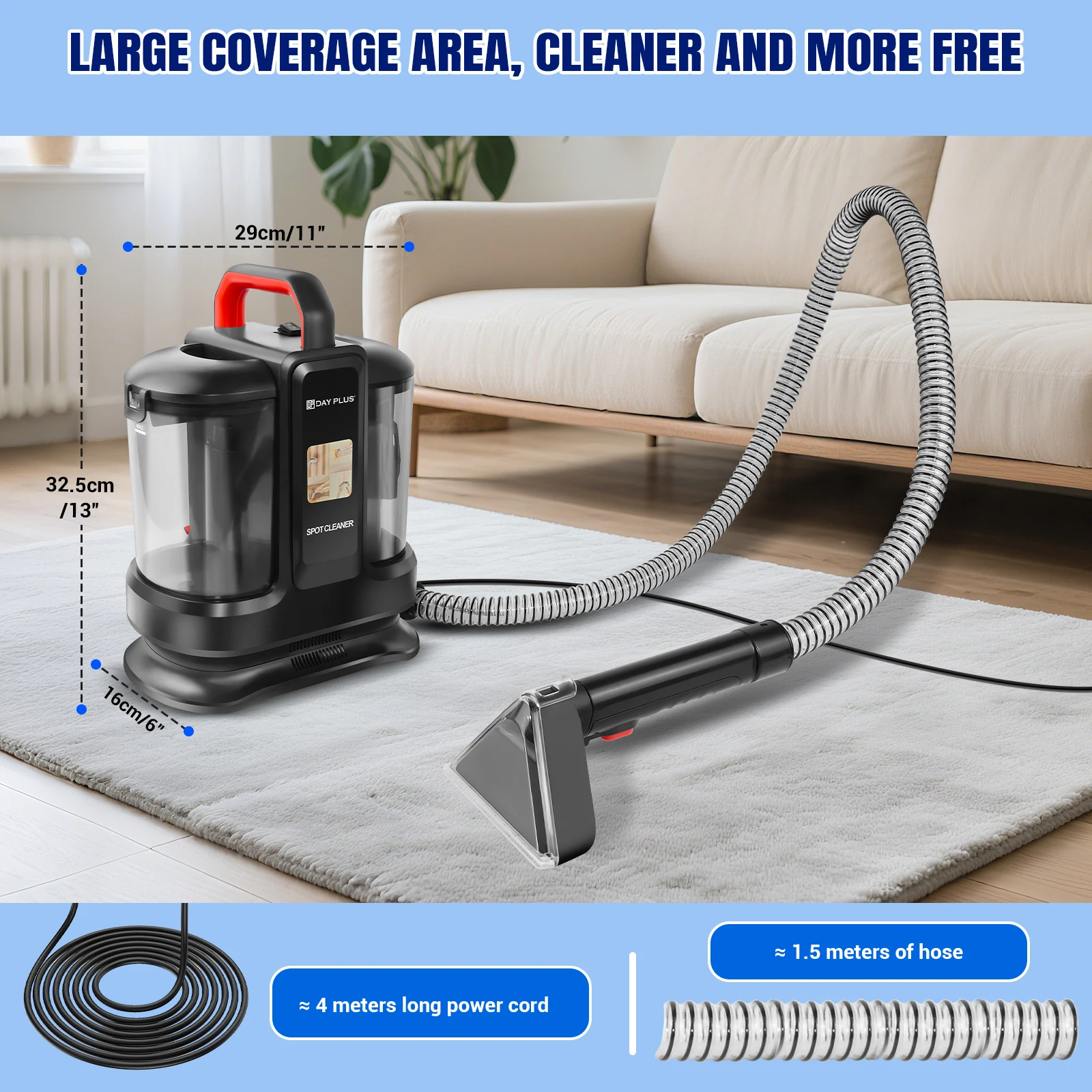Powerful Carpet Cleaner 15kPa Strong Suction 4.25M Long Power Cord 1.2L Tank Deep Clean Pet Stains Sofa Mattress Car Seat