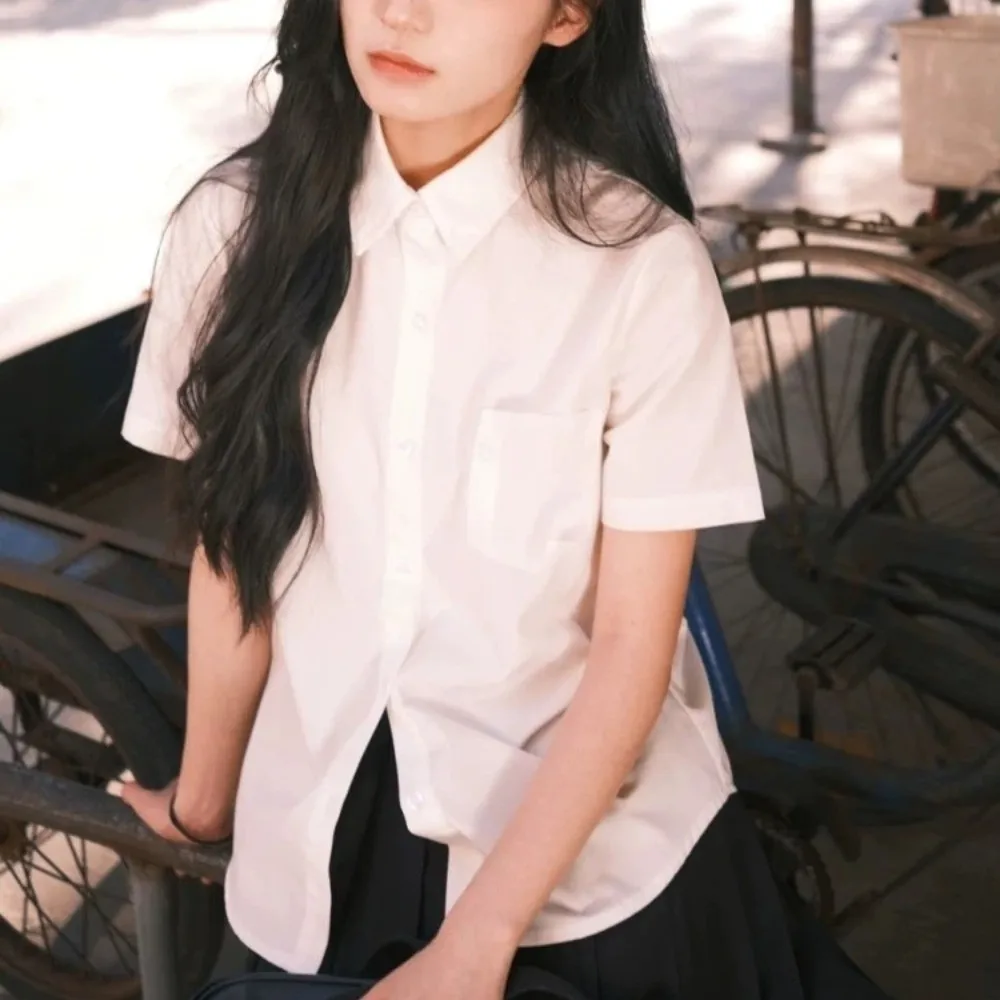 Casual Classic White Shirt Basic Preppy Style Loose Fit Shirt Simple Short Sleeve Blouse High School Students