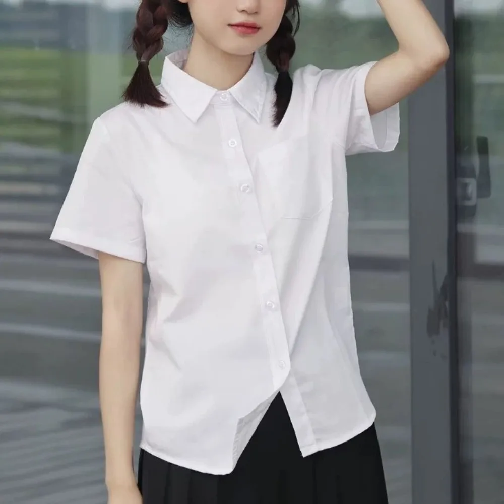 Casual Classic White Shirt Basic Preppy Style Loose Fit Shirt Simple Short Sleeve Blouse High School Students