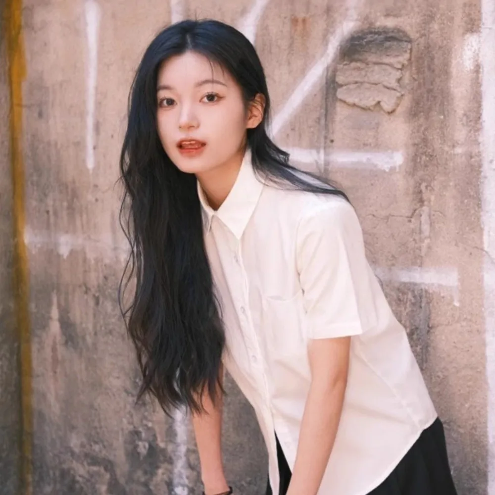 Casual Classic White Shirt Basic Preppy Style Loose Fit Shirt Simple Short Sleeve Blouse High School Students