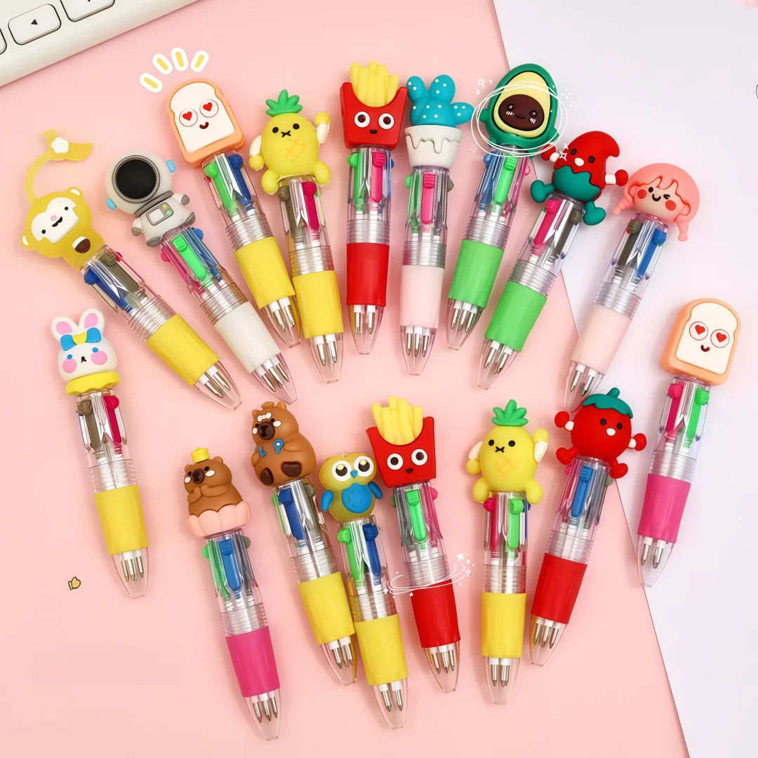10-30Pcs Cute Cartoon Mini Four-Color Ballpoint Pen Student Stationery Gift Prize Cartoon Head Design Multicolor round Pen