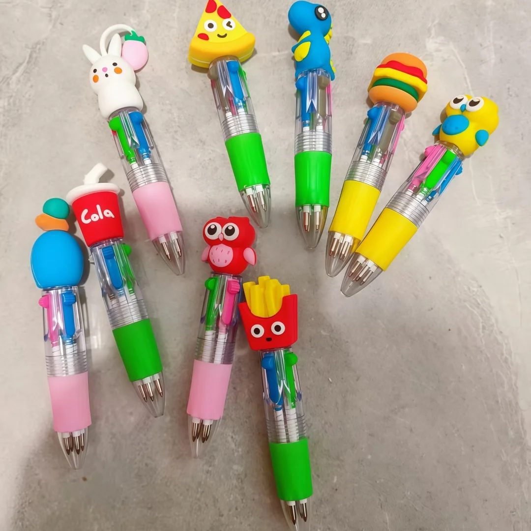 10-30Pcs Cute Cartoon Mini Four-Color Ballpoint Pen Student Stationery Gift Prize Cartoon Head Design Multicolor round Pen