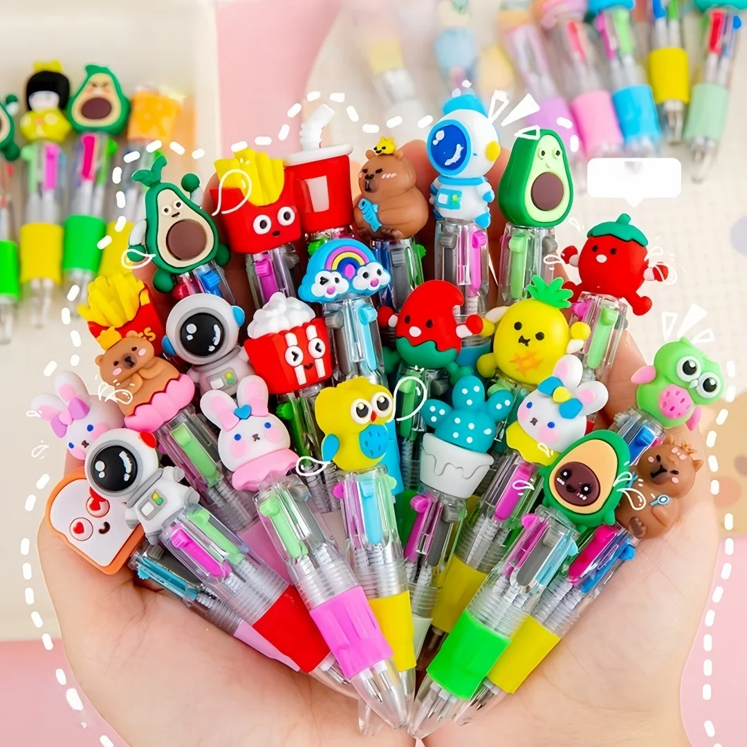 10-30Pcs Cute Cartoon Mini Four-Color Ballpoint Pen Student Stationery Gift Prize Cartoon Head Design Multicolor round Pen