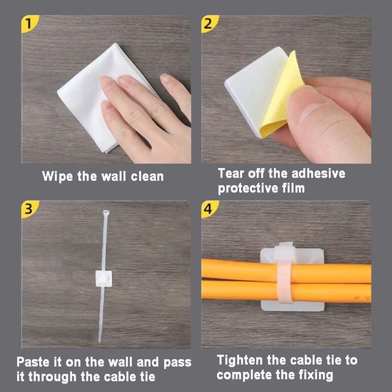 100PCS Self-Adhesive Nylon Cable Tie Holder Zip Tie Fixed Seat Wire Fasten Organizer Reusable Durable Adhesive Tie