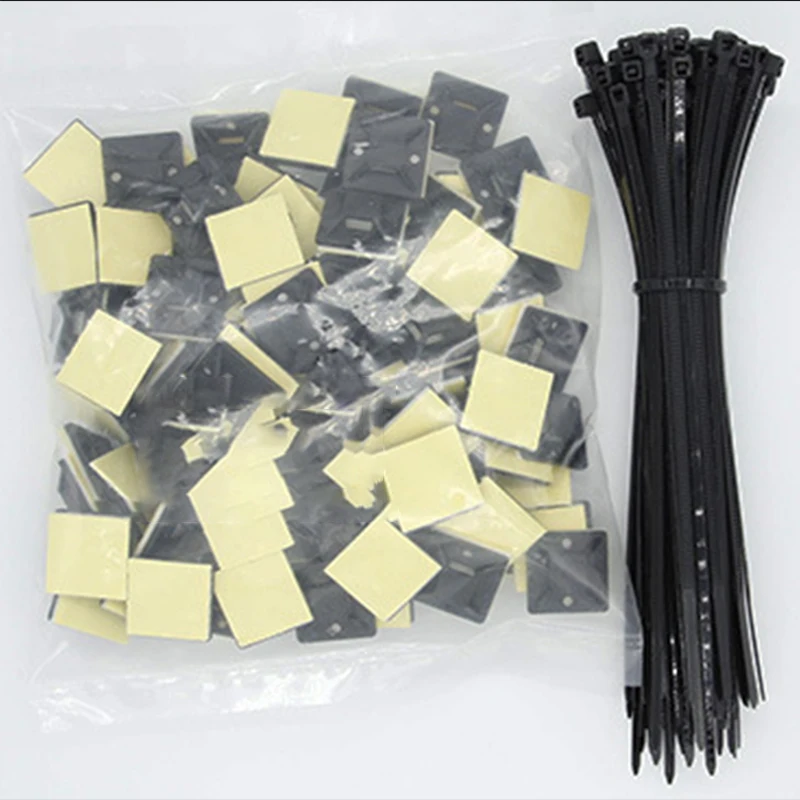 100PCS Self-Adhesive Nylon Cable Tie Holder Zip Tie Fixed Seat Wire Fasten Organizer Reusable Durable Adhesive Tie