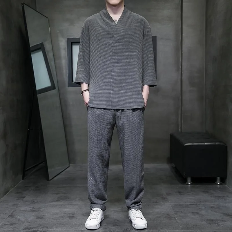 Spring Summer Thin Men Set Two Pieces Ice Silk V Neck Button Half Sleeve Tops Breathble Solid Color Pants Fashion Set