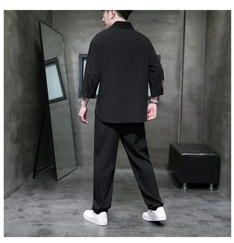 Spring Summer Thin Men Set Two Pieces Ice Silk V Neck Button Half Sleeve Tops Breathble Solid Color Pants Fashion Set