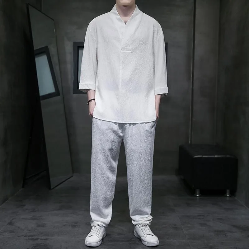 Spring Summer Thin Men Set Two Pieces Ice Silk V Neck Button Half Sleeve Tops Breathble Solid Color Pants Fashion Set