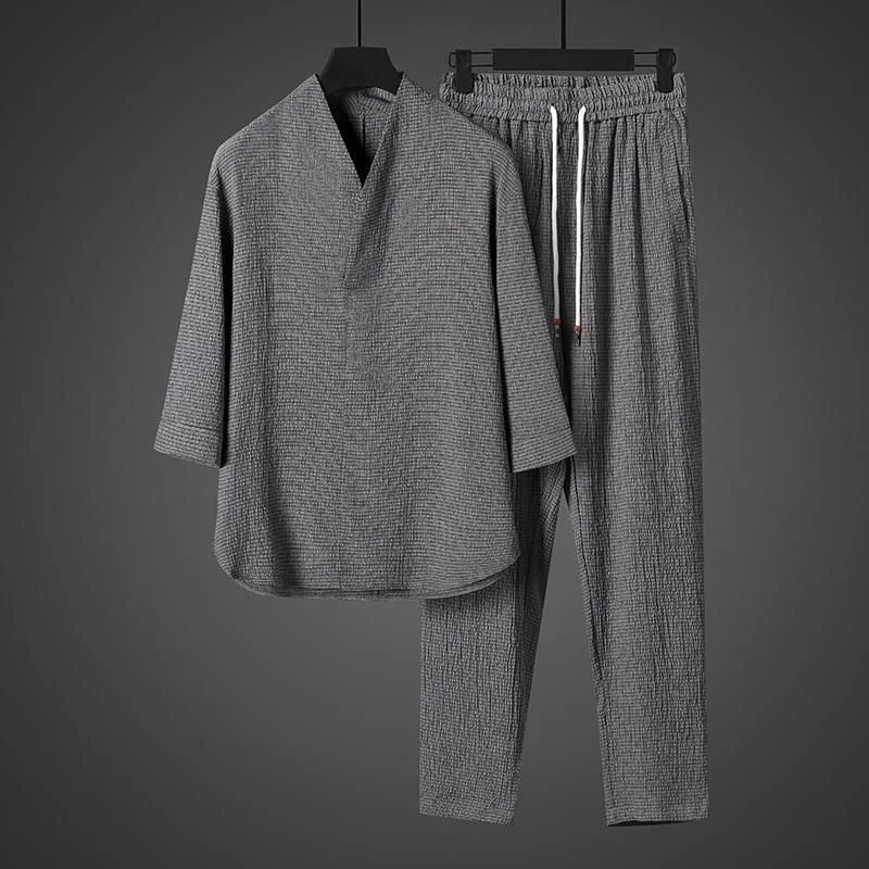 Spring Summer Thin Men Set Two Pieces Ice Silk V Neck Button Half Sleeve Tops Breathble Solid Color Pants Fashion Set