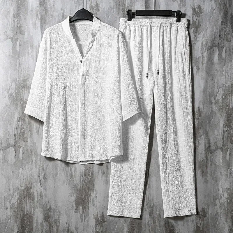 Spring Summer Thin Men Set Two Pieces Ice Silk V Neck Button Half Sleeve Tops Breathble Solid Color Pants Fashion Set