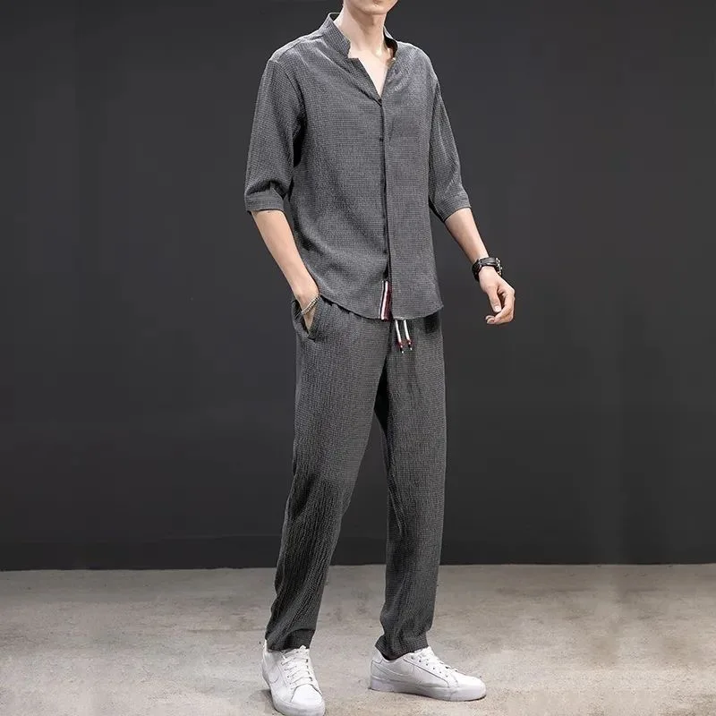 Spring Summer Thin Men Set Two Pieces Ice Silk V Neck Button Half Sleeve Tops Breathble Solid Color Pants Fashion Set