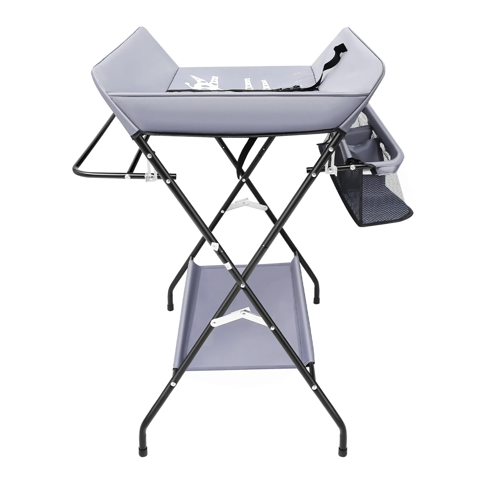 Foldable Baby Diaper Changing Table with Storage Basket, Portable Dresser Station with Safety Strap & Height Ruler for Nursery