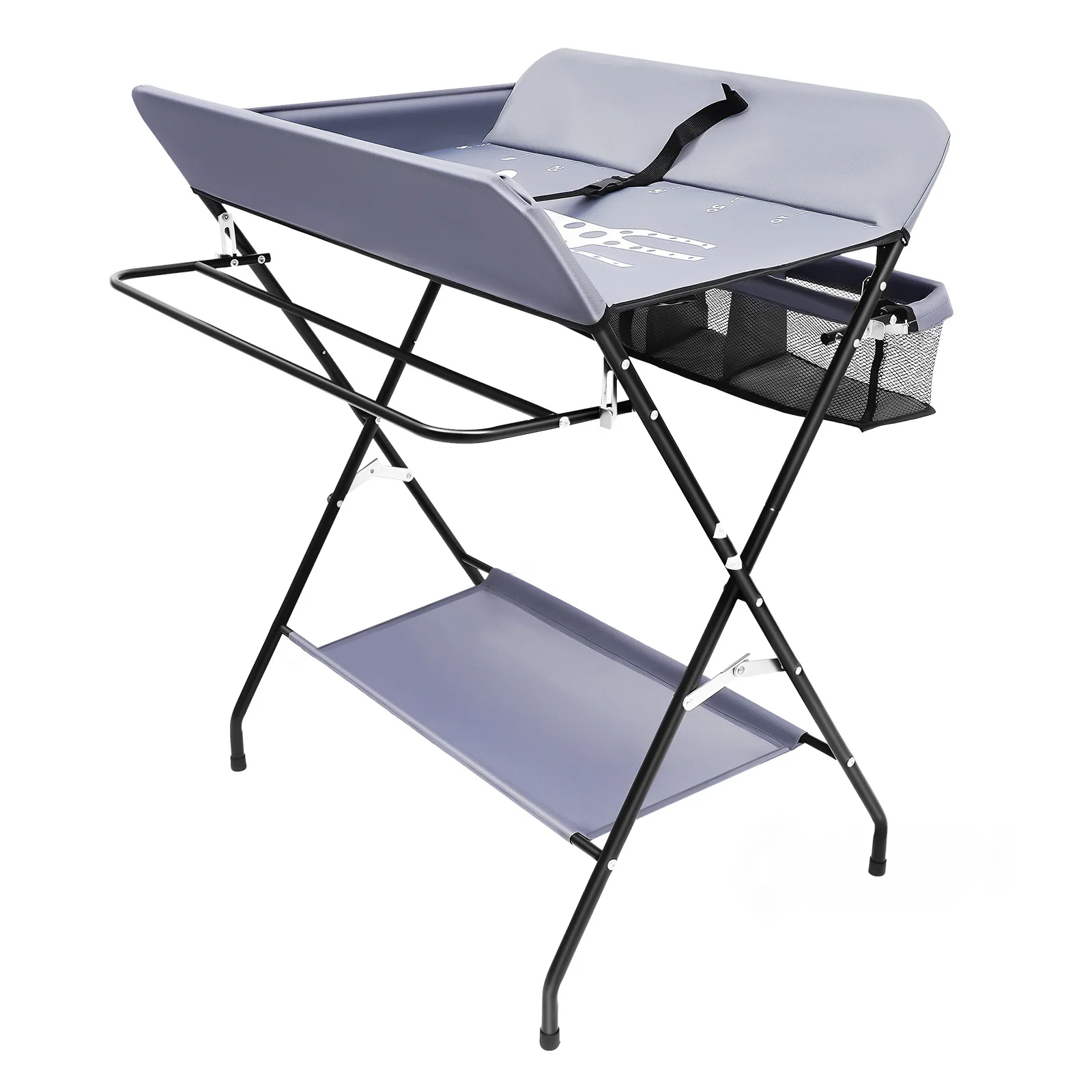 Foldable Baby Diaper Changing Table with Storage Basket, Portable Dresser Station with Safety Strap & Height Ruler for Nursery