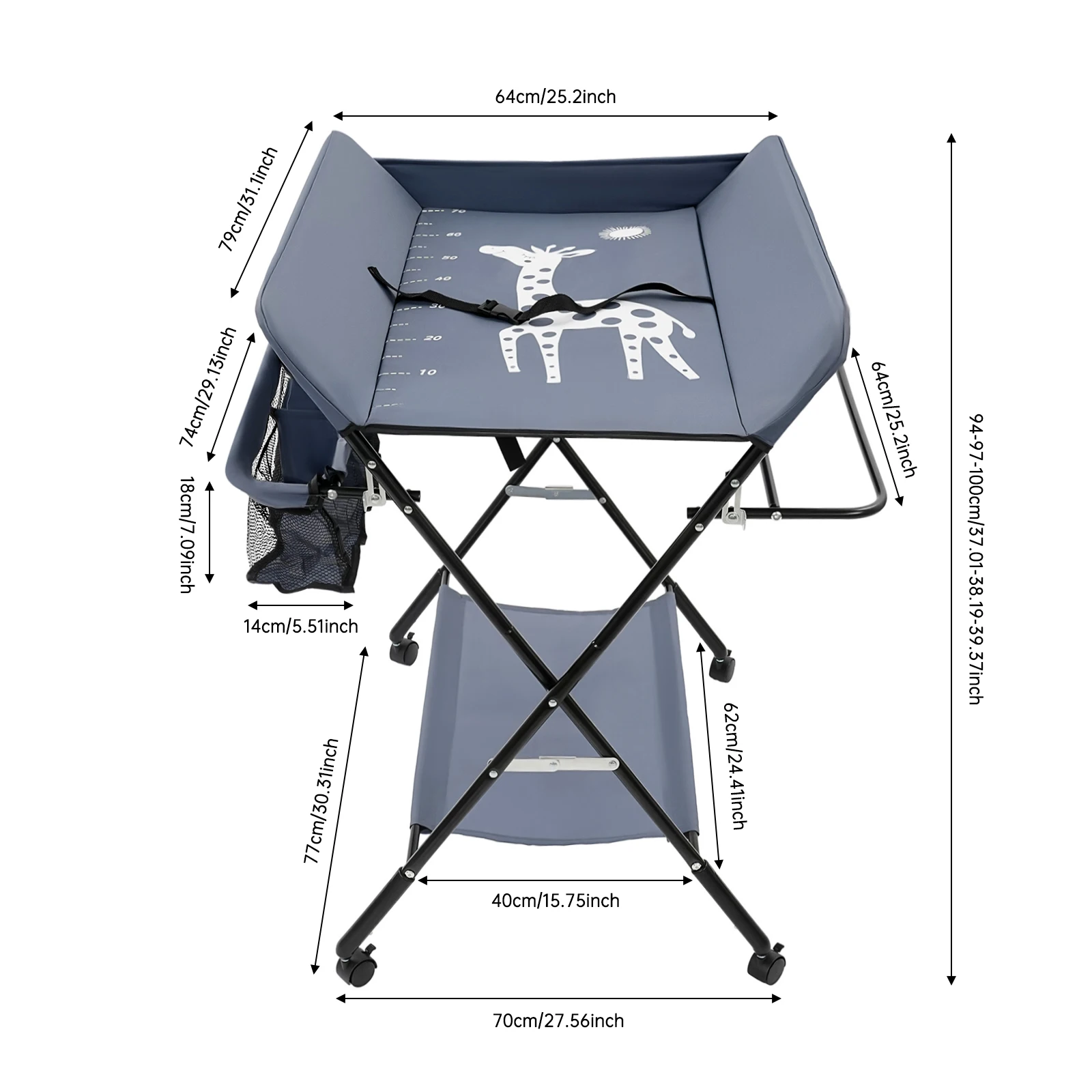 Foldable Baby Diaper Changing Table with Storage Basket, Portable Dresser Station with Safety Strap & Height Ruler for Nursery