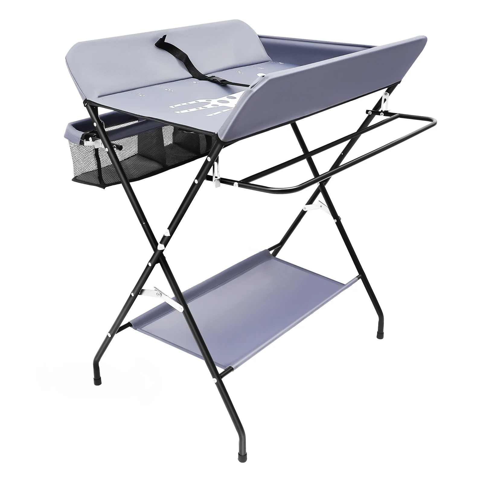 Foldable Baby Diaper Changing Table with Storage Basket, Portable Dresser Station with Safety Strap & Height Ruler for Nursery