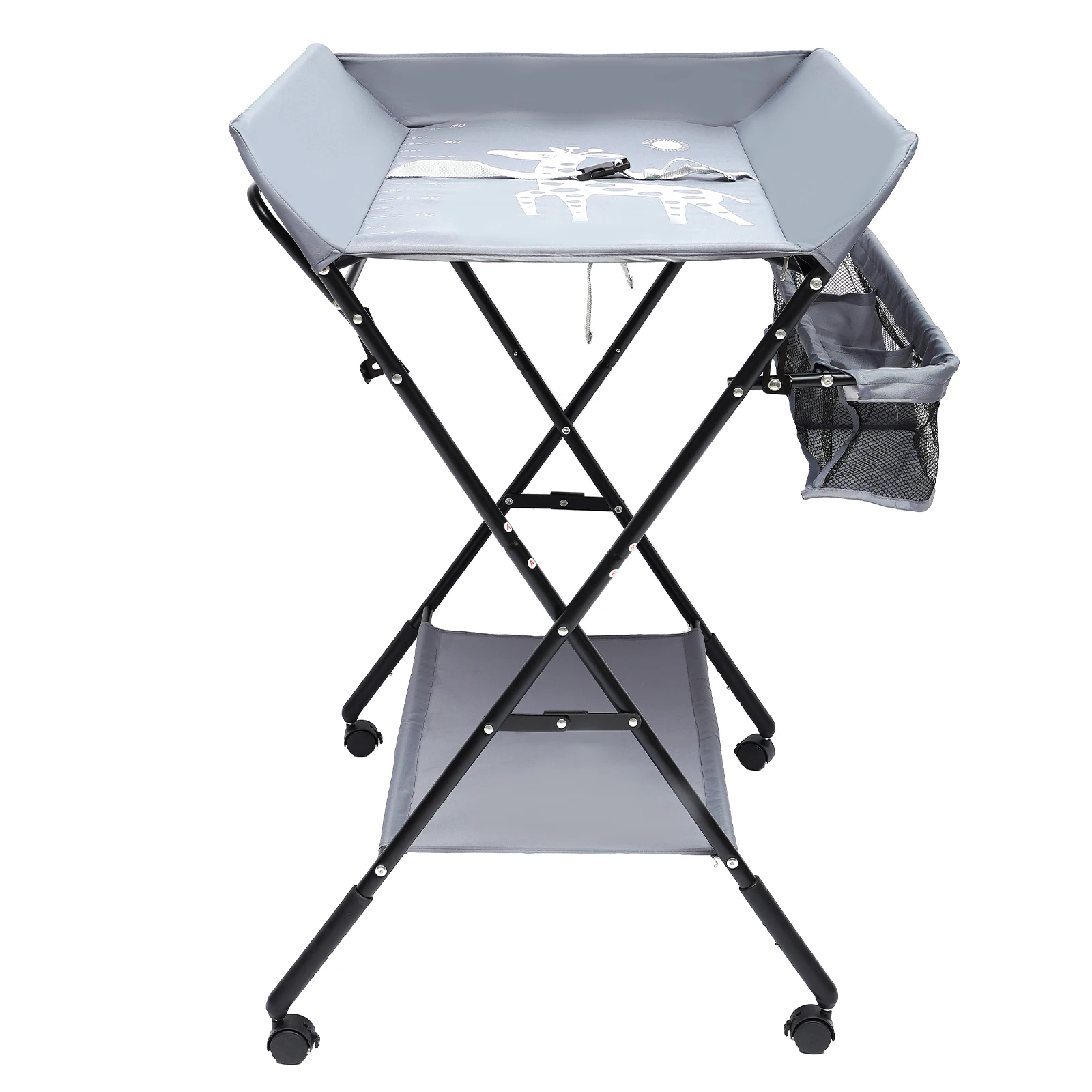 Foldable Baby Diaper Changing Table with Storage Basket, Portable Dresser Station with Safety Strap & Height Ruler for Nursery